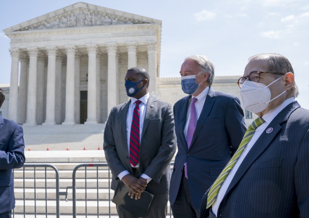 From left, Rep. Mondaire Jones, Sen. Ed Markey and Rep. Jerrold Nadler  hold a news conference outside the Supreme Court, Thursday, April 15, 2021. (AP)
