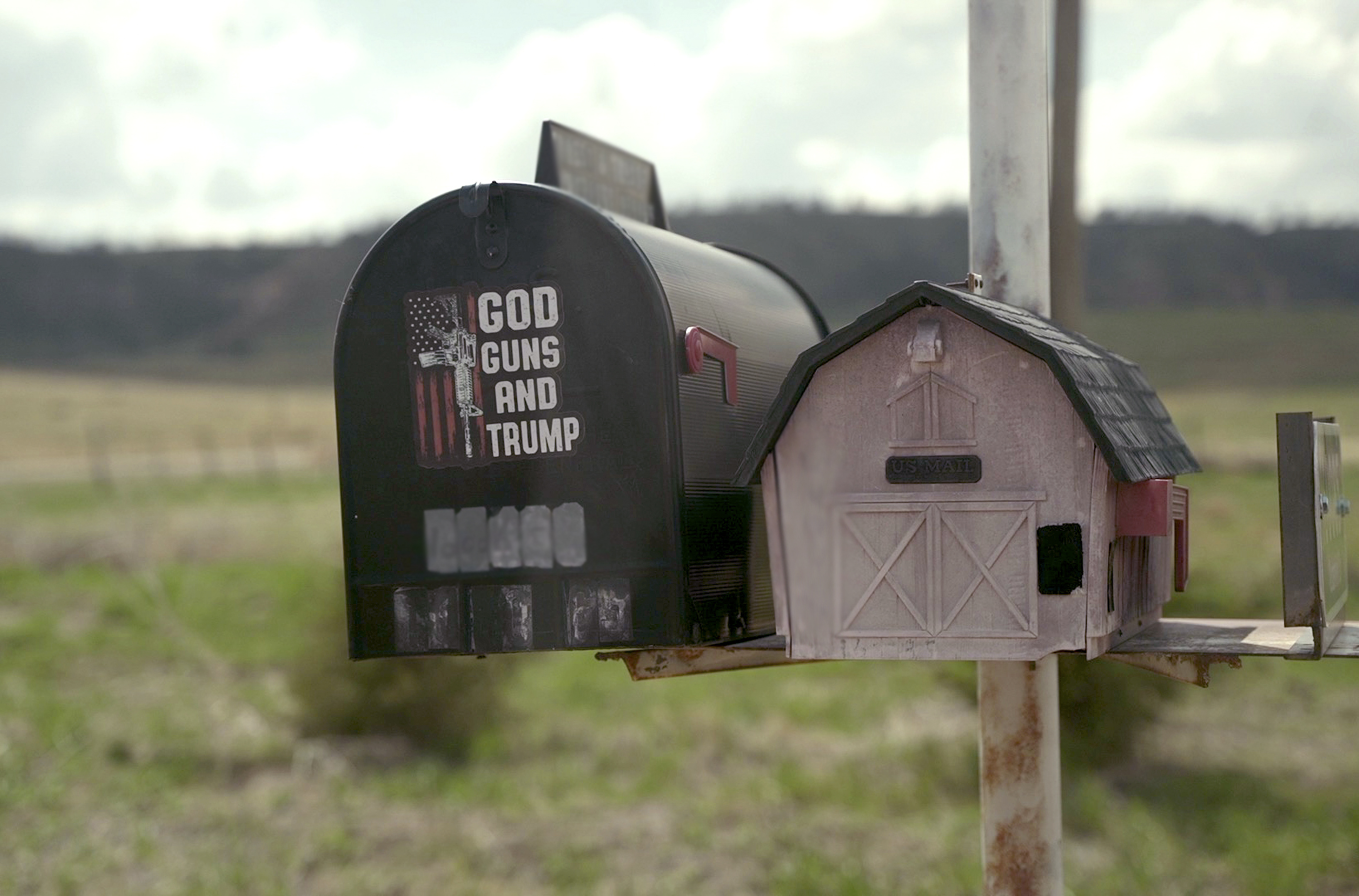 A rural Postal Service customer displays their political beliefs on their mailbox outside Scottsbluff in northwestern Nebraska. The numbers of the address have been digitally altered to ensure the safety and privacy of a rural Postal Service customer.<br />(Nick Loomis / The Midwest Newsroom)