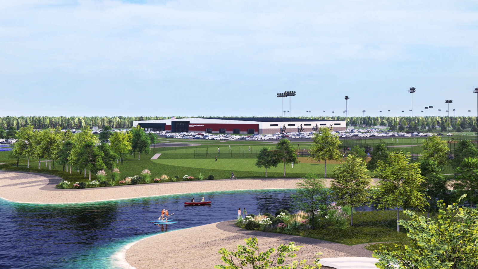Rendering of proposed Veterans Village, which is a focal point of the Woodsonia Real Estate-led Good Life District in Grand Island. An enhanced Eagle Scout Lake is in the forefront with the “state-of-the-art” sports complex in the background<br />(Courtesy of Woodsonia)