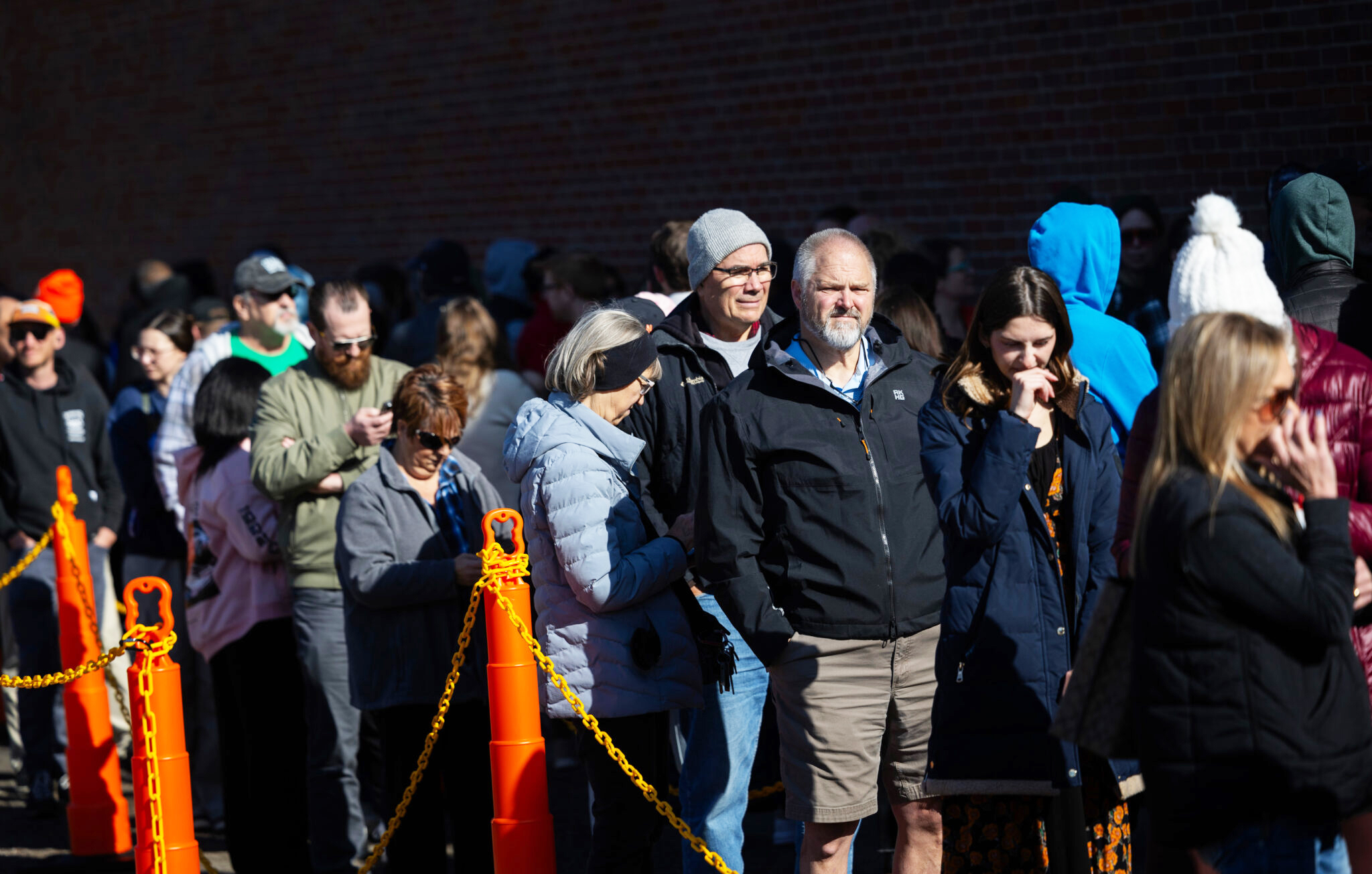 A long line of people wait to vote early at the Douglas County Election Commission during the 2024 presidential race. Supporters of a push to do away with off-cycle city elections point to the fact that midterm and presidential elections see far greater turnout.<br />(Rebecca S. Gratz / Flatwater Free Press)