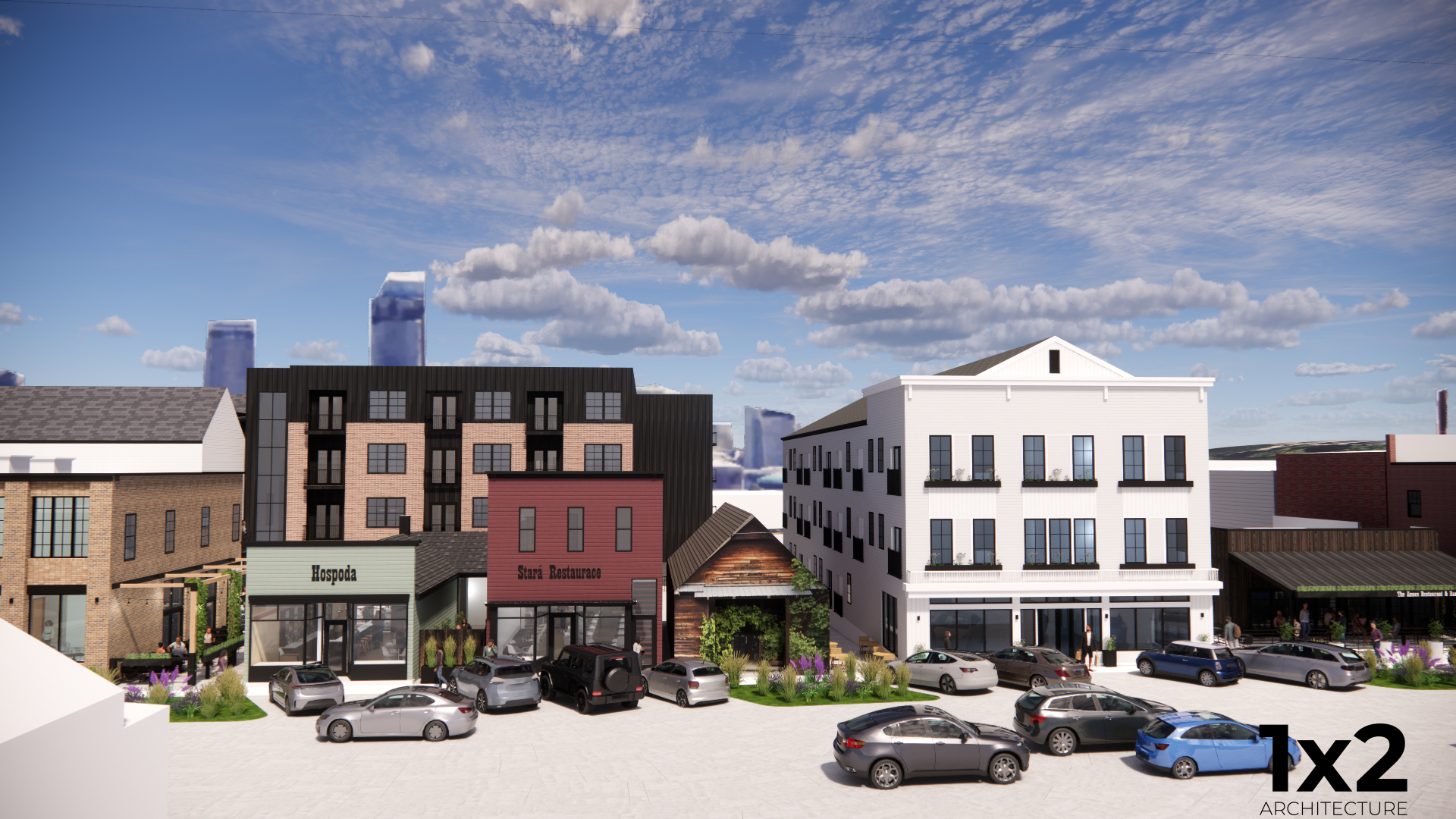 Rendering of row of retail and residential buildings along William Street between 13th and 14th Streets. It is a mix of existing structures to be rehabbed and newly constructed buildings.<br />(Courtesy of 1×2 Architecture)