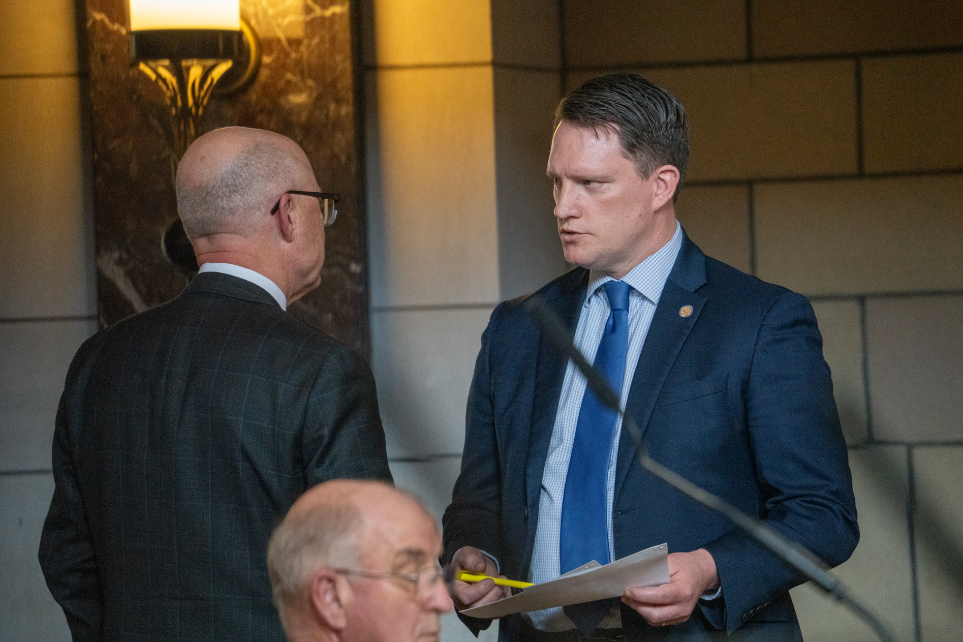 State Sen. Ben Hansen of Blair (right) meets with Speaker John Arch of La Vista, April 22, 2025.<br />(Zach Wendling / Nebraska Examiner)