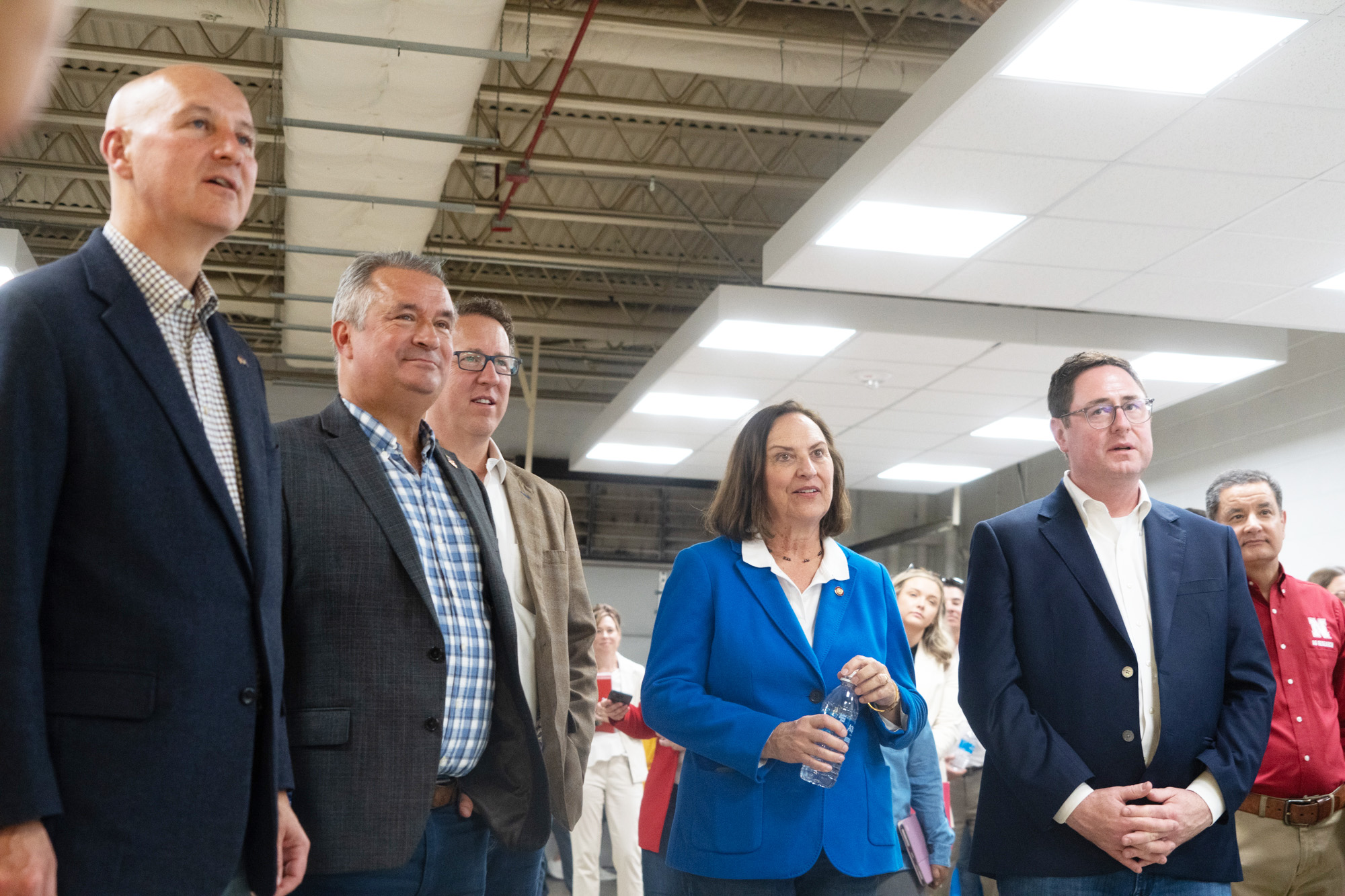Nebraska’s congressional delegation visits the University of Nebraska-Lincoln, from left: U.S. Pete Ricketts, U.S. Rep. Don Bacon, U.S. Rep. Adrian Smith, U.S. Sen. Deb Fischer and U.S. Rep. Mike Flood on June 19, 2023, in Lincoln, Neb.<br />(Zach Wendling / Nebraska Examiner)