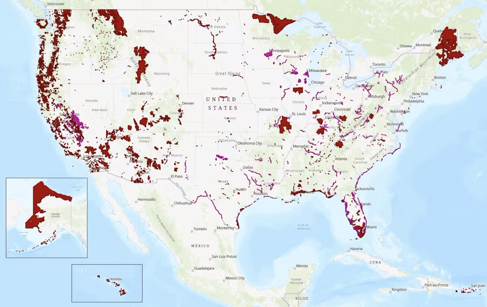 Critical habitat throughout the U.S., including many coastlines and mountain areas. Note: Alaska is not to scale.<br />(Courtesy of U.S. Fish and Wildlife Service)
