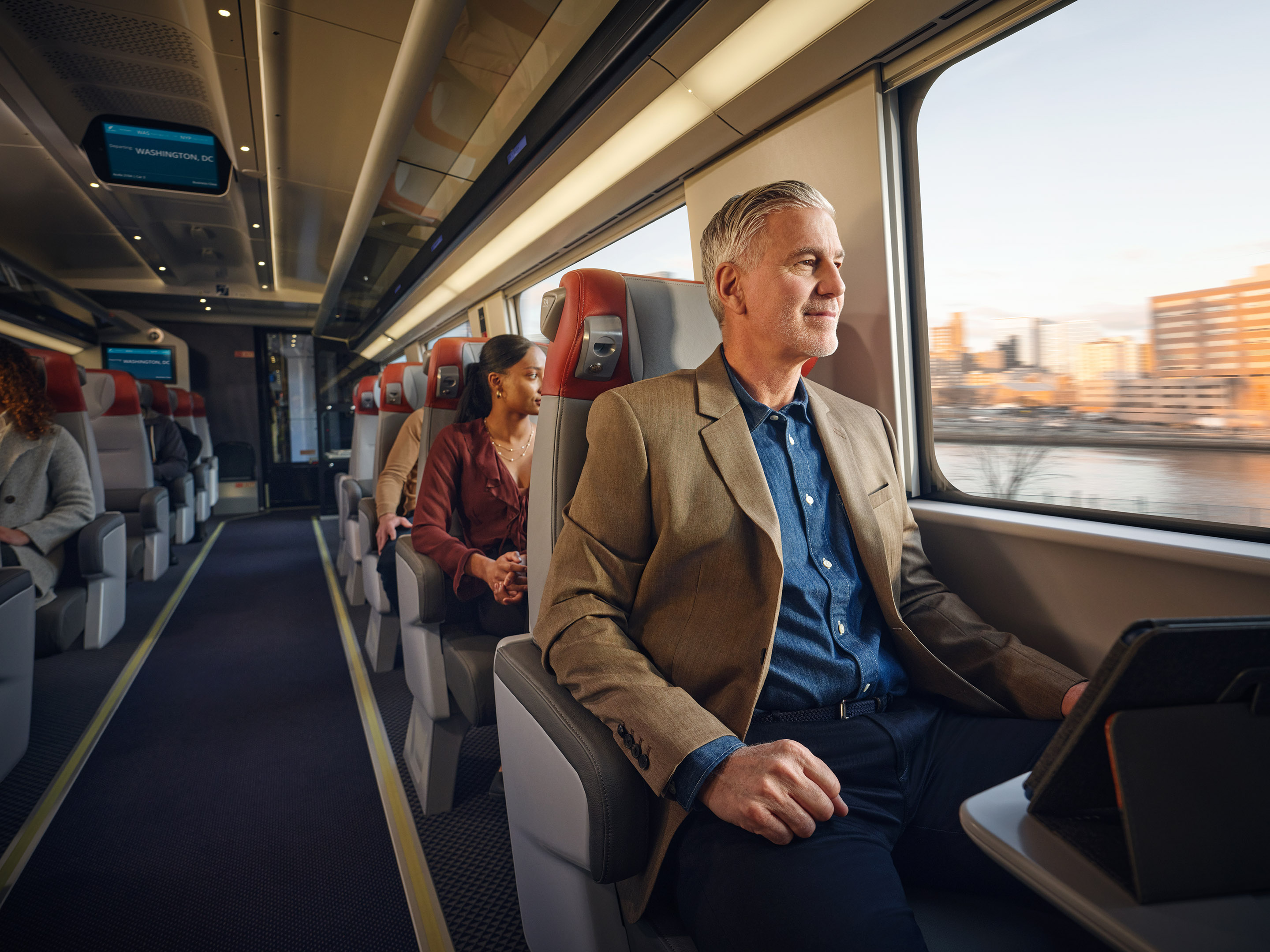Red headrests distinguish first-class cars from business class on the NextGen Acela trains.<br />(Courtesy of Amtrak)