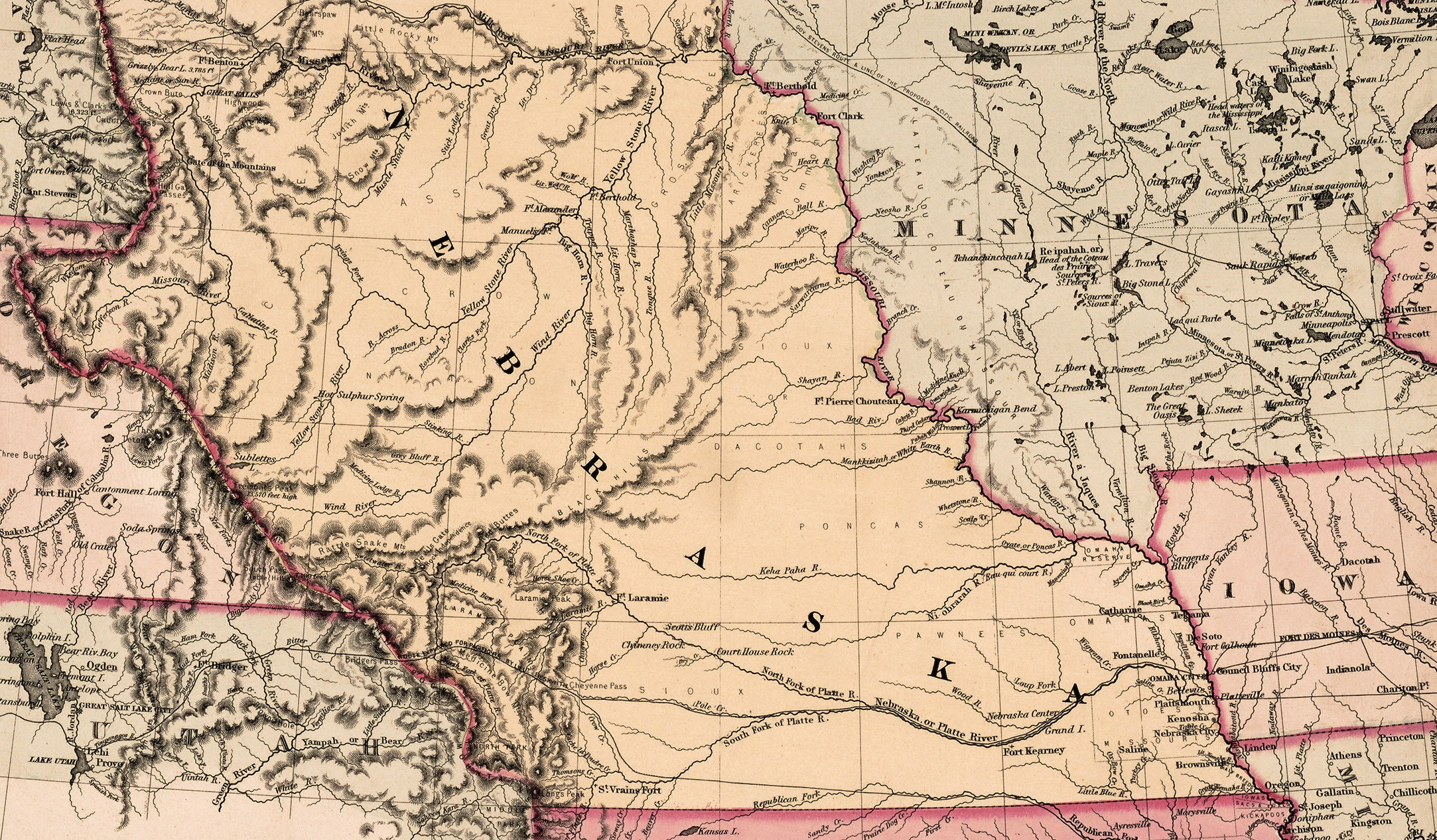 This circa 1855 map, made by the J.H. Colton mapmaking company of New York City, shows that Nebraska Territory covered part of present-day Colorado and most of present-day Wyoming, Montana and both Dakotas.<br />(Map courtesy of the Nebraska State Historical Society)