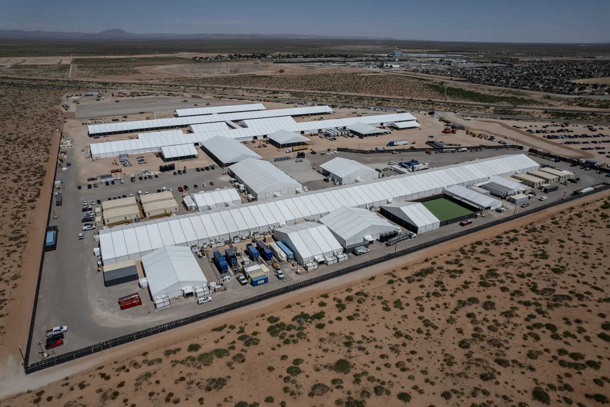 Deployed Resources runs this tent facility that holds immigrants on the northeast outskirts of El Paso, Texas, as seen in 2023. The facility is being converted for use by Immigration and Customs Enforcement to support the Trump administration’s mass deportation effort.<br />(Paul Ratje / ProPublica)