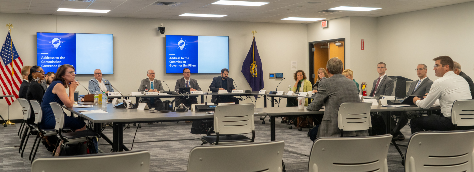 Nebraska’s new School Financing Review Commission meets for the first time. Gov. Jim Pillen (front-center) addresses the group on Aug. 12, 2025.<br />(Zach Wendling / Nebraska Examiner)