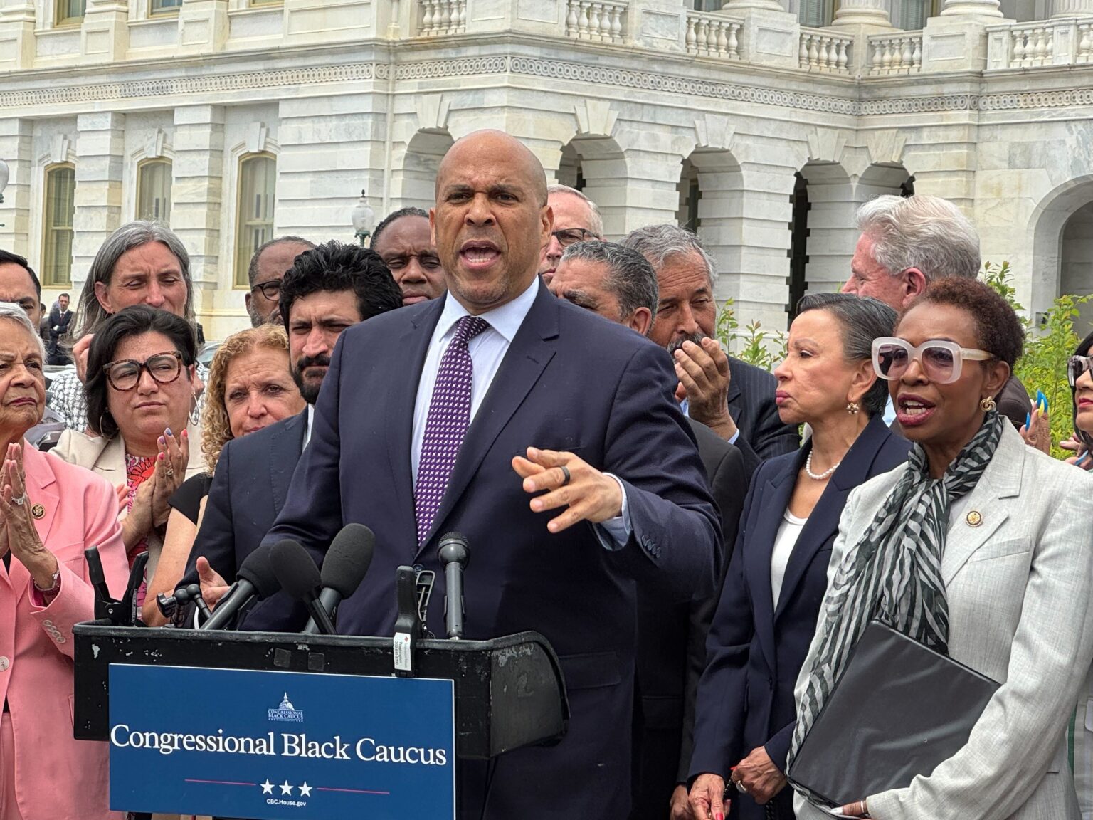 U.S. Sen. Cory Booker, a New Jersey Democrat, speaks at a press conference outside the U.S. Capitol on Tuesday, May 20, 2025, in Washington, D.C.<br />(Shauneen Miranda / States Newsroom)