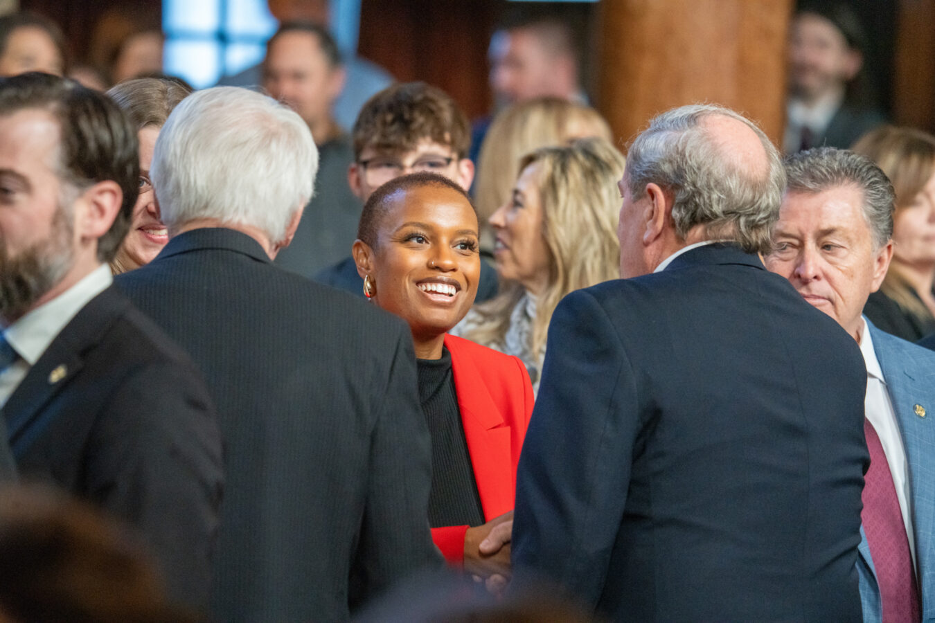 State Sen. Ashlei Spivey of Omaha on the first day of the 2025 legislative session, her first as a lawmaker, Jan. 8, 2025.<br />(Zach Wendling / Nebraska Examiner)