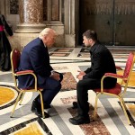 In this photo provided by the Ukrainian Presidential Press Office, Ukraine's President Volodymyr Zelenskyy (right) and President Donald Trump, talk as they attend the funeral of Pope Francis in Vatican, Saturday, April 26, 2025.
(Ukrainian Presidential Press Office via AP)