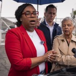 Congresswoman Rep. LaMonica McIver, D-N.J., speaks to the press after Newark mayor Ras Baraka was arrested while protesting at Delancey Hall ICE detention prison, Friday, May 9, 2025, in Newark, N.J.
(Angelina Katsanis / AP Photo)