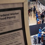 A sign for a food pantry for federal workers is seen as TSA agents check identification at a security checkpoint at Seattle-Tacoma International Airport, Thursday, Nov. 6, 2025, in SeaTac, Wash.
(Lindsey Wasson / AP Photo)