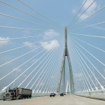 A semitrailer crosses the Gordie Howe International Bridge between Detroit, Mich. and Windsor, Ontario on its opening day, Monday, July 27 2026.
(Jacob Hamilton / Ann Arbor News via AP)