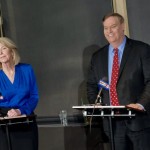 Omaha Mayor Jean Stothert spars with former State Sen. Mike McDonnell of Omaha during Tuesday’s mayoral debate at the Omaha Press Club. 
(Aaron Sanderford / Nebraska Examiner)