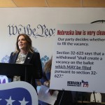 Nebraska Democratic Party Chair Jane Kleeb speaks during a press conference in Lincoln on July 29, 2026.
(Photo by Juan Salinas II / Nebraska Examiner)