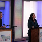 Republican nominee Brinker Harding (left) and Democratic nominee Denise Powell before the 2nd Congressional District debate in Lincoln on Oct. 14, 2026.
(Juan Salinas II / Nebraska Examiner)