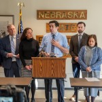 Tim Royers, president of the Nebraska State Education Association (center) talks about 2025 priorities for the teachers union, Jan. 28, 2025. 
(Zach Wendling / Nebraska Examiner)