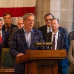 Gov. Jim Pillen hosts a news conference at the end of the Legislature’s special session to address property taxes that begin almost one month prior. To his far left is State Sen. Lou Ann Linehan of the Elkhorn area, chair of the Legislature’s Revenue Committee, Aug. 20, 2024.
(Zach Wendling / Nebraska Examiner)
