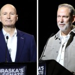 Incumbent U.S. Sen. Pete Ricketts, R-Neb. (left) and nonpartisan challenger Dan Osborn at the Nebraska State Fair gubernatorial debate in Grand Island, Nebraska, on Sept. 1, 2026.
(Erin Bamer / Nebraska Examiner)