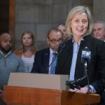 State Sen. Lynne Walz of Fremont, center, leads a news conference in the Nebraska Capitol Rotunda, March 16, 2022. 
(Zach Wendling / Nebraska News Service)