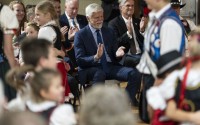 Czech President Petr Pavel claps as the Wilber Jr. Czech Dancers perform at Sokol Hall in Wilber. The dance group featured children as young as 3 years old. 
(Lily Smith / Flatwater Free Press)