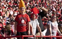 Husker fans react during the Nebraska-Maryland game on Oct. 3. The Huskers trailed 16-7 and 23-14 in the first half before pulling away and winning 48-23. 
(Lily Smith / Flatwater Free Press)