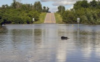A South Dakota Highway Patrol Officer keeps watch over a flooded bridge that was underwater after days of heavy rain led to flooding in the area, near Lake Alvin, S.D., Saturday, June 22, 2024. 
(Josh Jurgens / AP Photo)