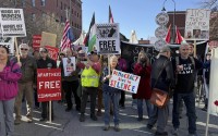 Protesters gather outside federal court ahead of a hearing for Mohsen Mahdawi, a Palestinian man arrested at a Vermont immigration office during an interview about finalizing his U.S. citizenship and a legal permanent resident who led protests against the war in Gaza at Columbia University, Wednesday, April 23, 2025 in Burlington, Vt. 
(Amanda Swinhart / AP Photo)