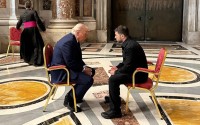 In this photo provided by the Ukrainian Presidential Press Office, Ukraine's President Volodymyr Zelenskyy (right) and President Donald Trump, talk as they attend the funeral of Pope Francis in Vatican, Saturday, April 26, 2025.
(Ukrainian Presidential Press Office via AP)