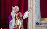 Newly elected Pope Leo XIV, formerly Cardinal Robert Francis Prevost, appears on the central loggia of St. Peter's Basilica at the Vatican shortly after his election as the 267th pontiff of the Roman Catholic Church, Thursday, May 8, 2025. 
(Domenico Stinellis / AP Photo)
