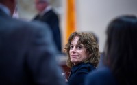 Linda Singer, an attorney representing the plaintiff, looks back at her co-counsel after making closing arguments, Monday, March 23, 2026 in state court, in Santa Fe, N.M., in a trial where the social media conglomerate is accused of misleading its users about how safe its platforms are for children.
(Eddie Moore / The Albuquerque Journal via AP, Pool)