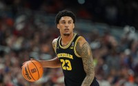 Michigan forward Yaxel Lendeborg during an NCAA college basketball tournament semifinal game at the Final Four, Saturday, April 4, 2026, in Indianapolis. 
(Abbie Parr / AP Photo)