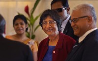 U.N. High Commissioner for Human Rights Navi Pillay (center) arrives at a hotel in Colombo, Sri Lanka, Sunday, Aug. 25, 2013. 
(Eranga Jayawardena / AP Photo)