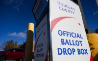 Ballot drop boxes, like this one photographed outside the Douglas County Election Commission in October 2024, see much more traffic during regular presidential and midterm elections compared to off-cycle city elections. 
(Rebecca S. Gratz / Flatwater Free Press)