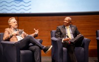 Omaha Mayor John Ewing (right) talks with Flatwater Free Press Editor Matthew Hansen during the third annual Flatwater Free Press Festival Wednesday, Sept. 17, at Creighton University.
(Abiola Kosoko / Flatwater Free Press)