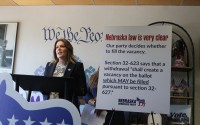 Nebraska Democratic Party Chair Jane Kleeb speaks during a press conference in Lincoln on July 29, 2026. 
(Photo by Juan Salinas II / Nebraska Examiner)