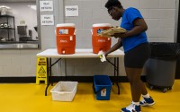 Water is available during lunch at the Salvation Army's North Corps Community Center in Omaha, which serves as a cooling center on hot days. The location also gives out bags of ice for people to stay cool when they leave. 
(Lily Smith / Flatwater Free Press)
