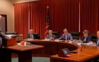 The Nebraska Board of State Canvassers meet Monday, June 10, 2024, in Lincoln to certify the state’s 2024 primary election results. From left, seated: State Auditor Mike Foley, Secretary of State Bob Evnen, Gov. Jim Pillen, Attorney General Mike Hilgers and then-State Treasurer Tom Briese. 
(Zach Wendling / Nebraska Examiner)