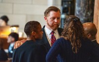 State Sen. John Cavanaugh of Omaha (center) meets with State Sens. Ashlei Spivey of Omaha, Danielle Conrad of Lincoln and Terrell McKinney of Omaha, from left, March 26, 2025. 
(Zach Wendling / Nebraska Examiner)