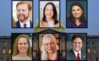 Six candidates are vying to be the Democratic nominee in an open-seat race in Nebraska’s 2nd Congressional District. Top row, from left: John Cavanaugh, Denise Powell and Crystal Rhoades. Bottom row, from left: Kishla Askins, Melanie Williams and Evangelos Argyrakis. 
(Candidate photos courtesy of respective campaigns | U.S. Capitol photo by Ashley Murray / States Newsroom)