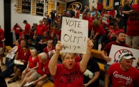 Festus, Missouri, resident Mary Youmans calls for the ouster of the Festus City Council on March 30, 2026, after it approved a plan to develop a $6 billion data center in the city.
(Brian Munoz / St. Louis Public Radio)