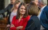 State Sen. Kathleen Kauth of the Millard area (left) talks with State Sen. Teresa Ibach of Sumner on Jan. 8, 2025. 
(Zach Wendling / Nebraska Examiner)