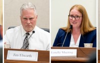 Commissioners on the Nebraska Medical Cannabis Commission during an April 13, 2026, meeting. From left: Commissioners Bud Synhorst of Lincoln, Jim Elworth of Nebraska City, Lorelle Mueting of Gretna (interim chair) and J. Michael Coffey of Omaha. All but Mueting also serve on the Nebraska Liquor Control Commission. 
(Zach Wendling / Nebraska Examiner)
