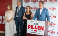 Nebraska Gov. Jim Pillen (right) hosts a general election kickoff event where he confirmed he is sticking with his running mate, Lt. Gov. Joe Kelly, for another four years on Aug. 25, 2026, in Lincoln. To Pillen’s right are first lady Suzanne Pillen, Kelly and Kelly’s wife Susie. 
(Zach Wendling / Nebraska Examiner)