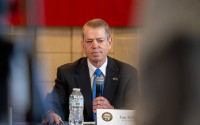 Nebraska Gov. Jim Pillen leads an inaugural public roundtable with members of his cabinet on April 20, 2026. 
(Zach Wendling / Nebraska Examiner