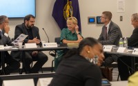 From left: Superintendent Aaron Plas of Bennington Public Schools, State Sen. Eliot Bostar of Lincoln, former State Sen. Lou Ann Linehan of the Elkhorn area, Superintendent John Schwartz of Millard Public Schools and Lakeview Community School Board President Keith Runge meet during the inaugural meeting of the Nebraska School Financing Review Commission on Aug. 12, 2025. 
(Zach Wendling / Nebraska Examiner)