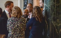 State Sens. from left: John Cavanaugh of Omaha, Machaela Cavanaugh of Omaha, Terrell McKinney of Omaha, Victor Rountree of Bellevue, Danielle Conrad of Lincoln and George Dungan of Lincoln meet off the floor of the Legislature, March 26, 2025. 
(Zach Wendling / Nebraska Examiner)
