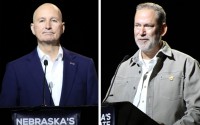 Incumbent U.S. Sen. Pete Ricketts, R-Neb. (left) and nonpartisan challenger Dan Osborn at the Nebraska State Fair gubernatorial debate in Grand Island, Nebraska, on Sept. 1, 2026. 
(Erin Bamer / Nebraska Examiner)