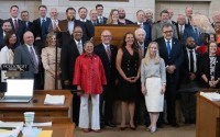 State senators join together after adjourning for the year at the end of the 2025 legislative session. Not pictured: State Sens. Christy Armendariz of Omaha, Myron Dorn of Adams, Rob Dover of Norfolk and Glen Meyer of Pender, June 2, 2025. 
(Zach Wendling / Nebraska Examiner)